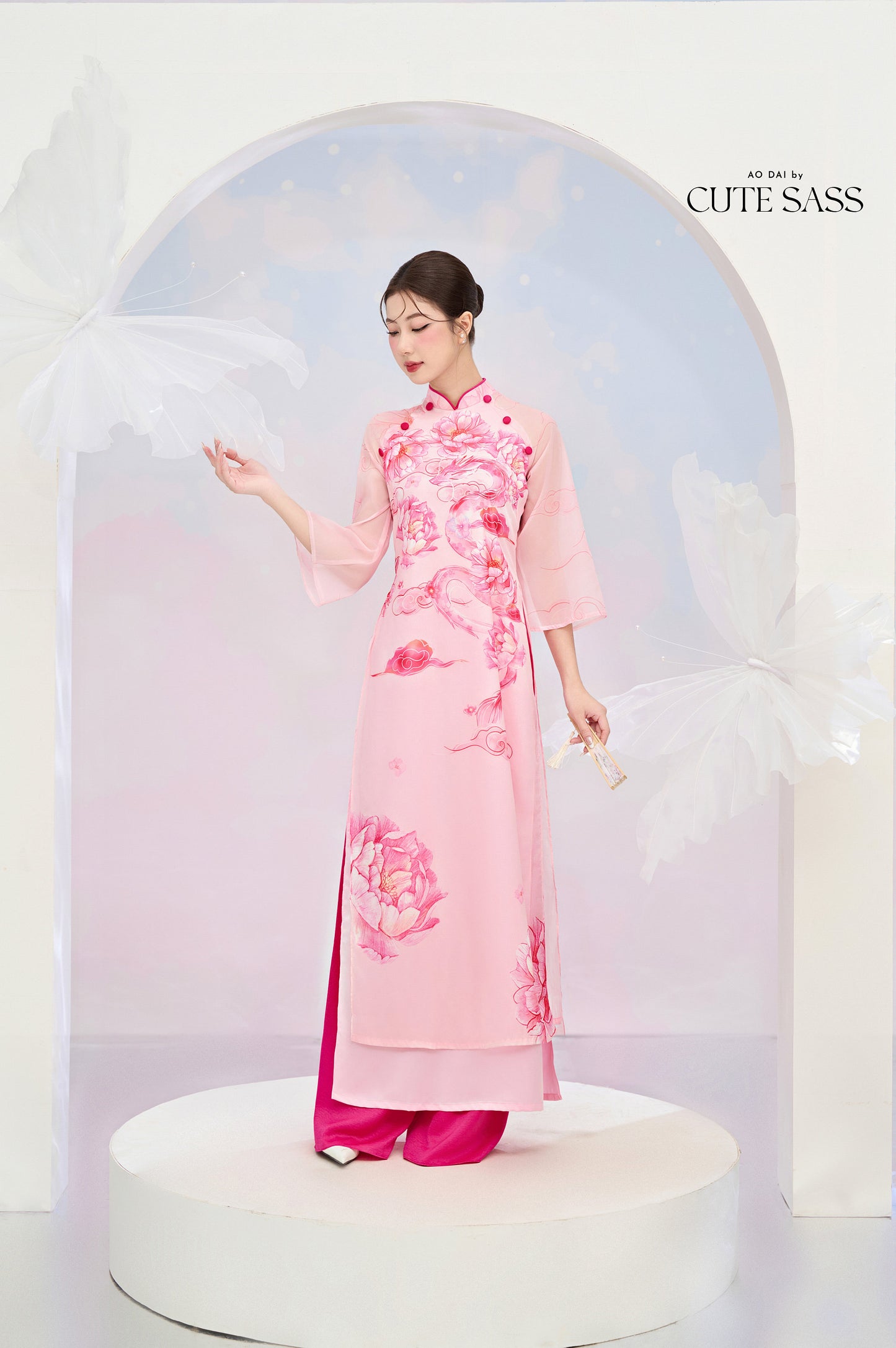 Printed Peony Dragon Ao Dai Set |Pre-made Modernized Vietnamese Ao Dai| Ao Dai with Pants | Lunar New Year| Ao Dai Truyen Thong|