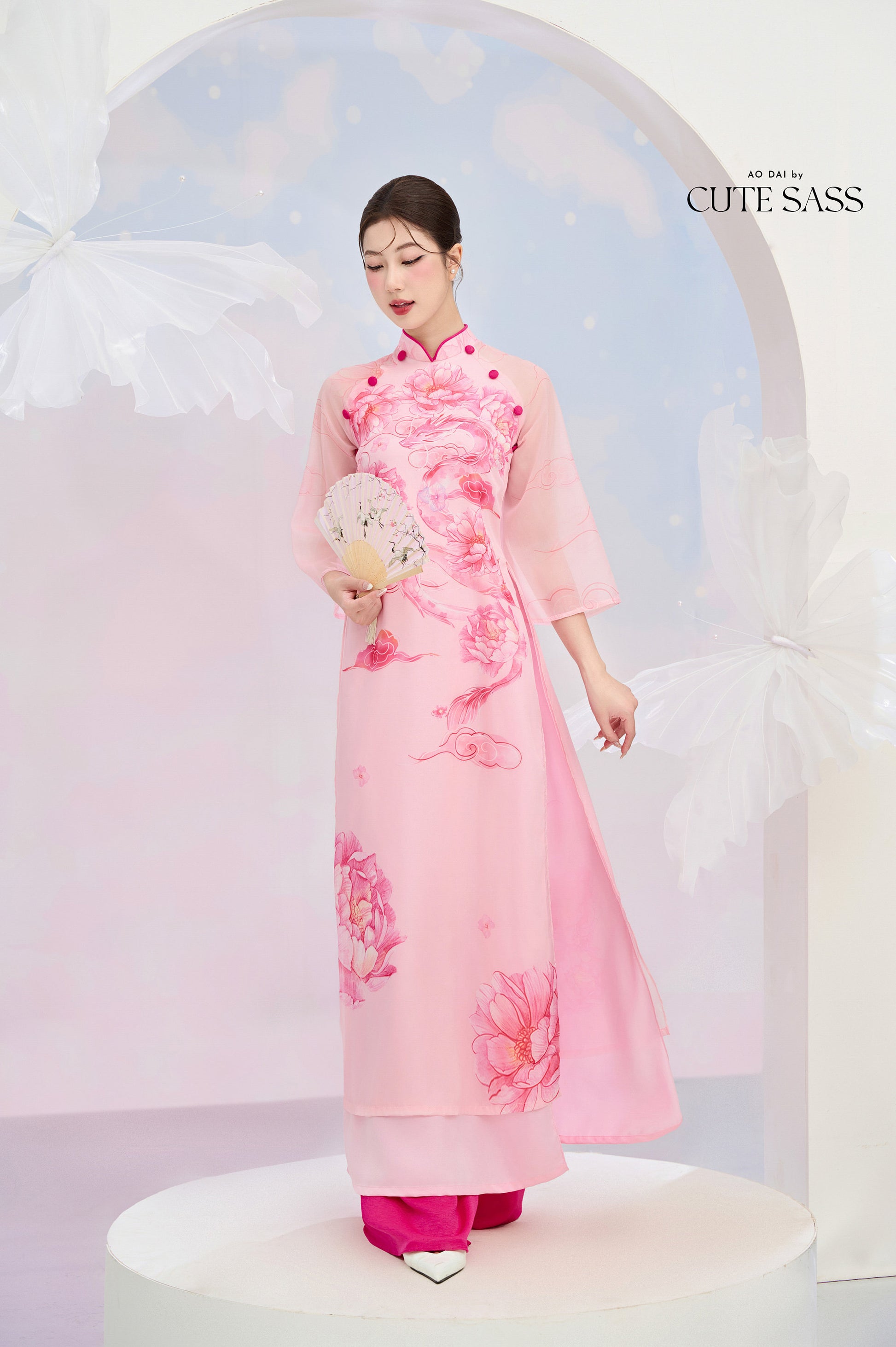 Printed Peony Dragon Ao Dai Set |Pre-made Modernized Vietnamese Ao Dai| Ao Dai with Pants | Lunar New Year| Ao Dai Truyen Thong|