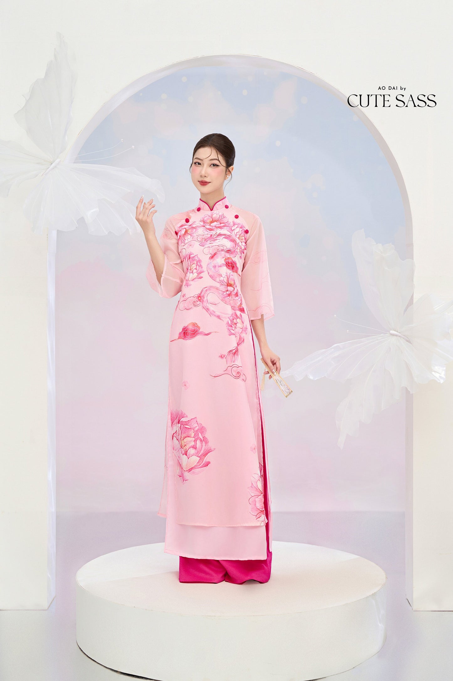 Printed Peony Dragon Ao Dai Set |Pre-made Modernized Vietnamese Ao Dai| Ao Dai with Pants | Lunar New Year| Ao Dai Truyen Thong|