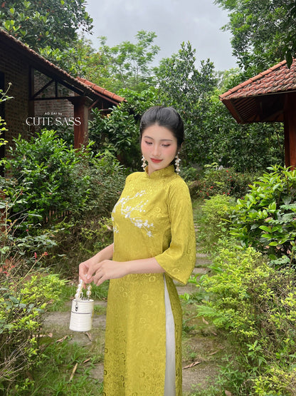 Shifted Lime Gam Embroidery Ao Dai Set | Pre-made Vietnamese Ao Dai| Women Ao Dai | Lunar New Year| Ao Dai Truyen Thong|15D