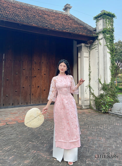 Pink Butterfly Hearts Ao Dai Set |Pre-made Modernized Vietnamese Ao Dai| Ao Dai with Pants | Lunar New Year| Ao Dai Truyen Thong|32C