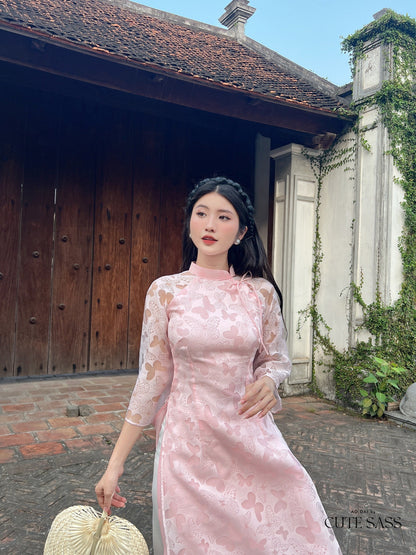 Pink Butterfly Hearts Ao Dai Set |Pre-made Modernized Vietnamese Ao Dai| Ao Dai with Pants | Lunar New Year| Ao Dai Truyen Thong|32C