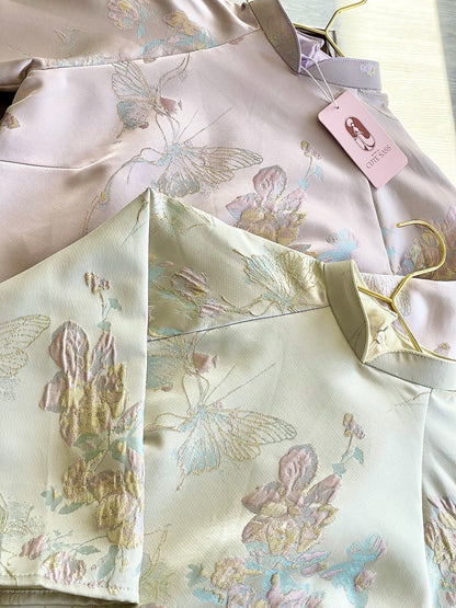 Pastel Blue and Gold Butterfly Garden Shifted Ao Dai Set