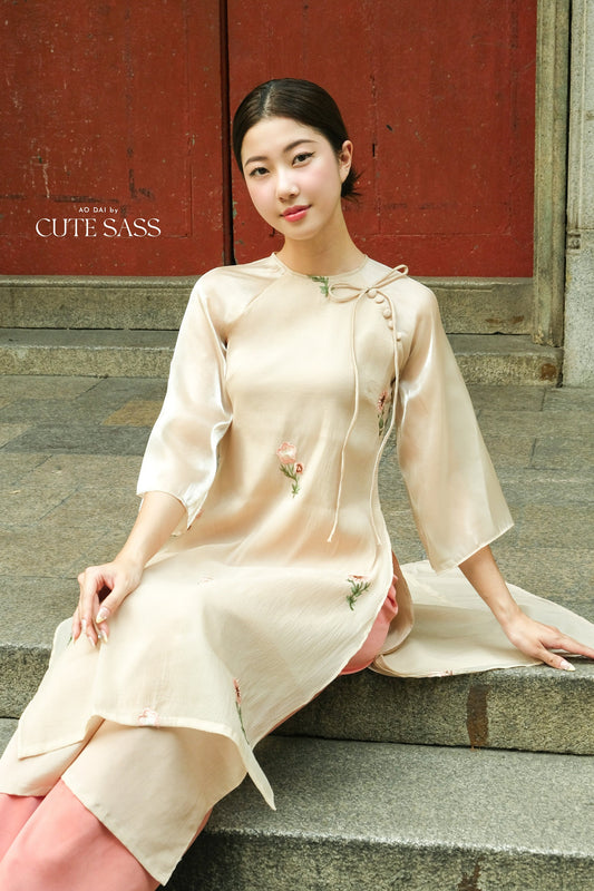 Shifted Tan Bow Ao Dai Set |Pre-made Modernized Vietnamese Ao Dai| Women Ao Dai with Pants | Lunar New Year| Ao Dai Cach Tan|