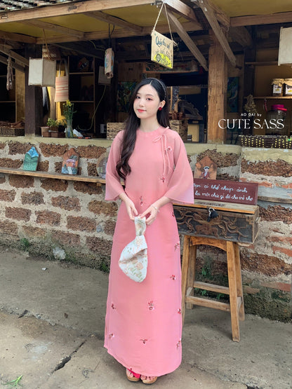 Shifted Muted Pink Bow Ao Dai Set |Pre-made Modernized Vietnamese Ao Dai| Women Ao Dai with Pants | Lunar New Year| Ao Dai Cach Tan|6E