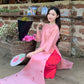 Shifted Muted Pink Bow Ao Dai Set |Pre-made Modernized Vietnamese Ao Dai| Women Ao Dai with Pants | Lunar New Year| Ao Dai Cach Tan|6E