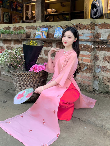 Shifted Muted Pink Bow Ao Dai Set |Pre-made Modernized Vietnamese Ao Dai| Women Ao Dai with Pants | Lunar New Year| Ao Dai Cach Tan|6E