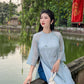 Shifted Blue Bow Ao Dai Set |Pre-made Modernized Vietnamese Ao Dai| Women Ao Dai with Pants | Lunar New Year| Ao Dai Cach Tan|6E