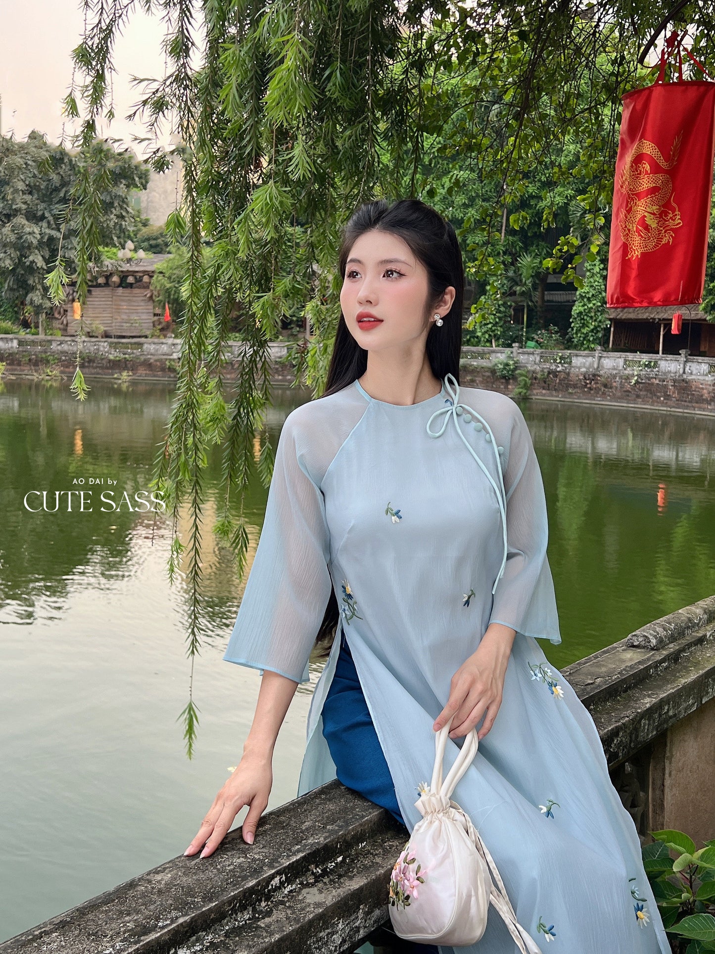 Shifted Blue Bow Ao Dai Set |Pre-made Modernized Vietnamese Ao Dai| Women Ao Dai with Pants | Lunar New Year| Ao Dai Cach Tan|6E