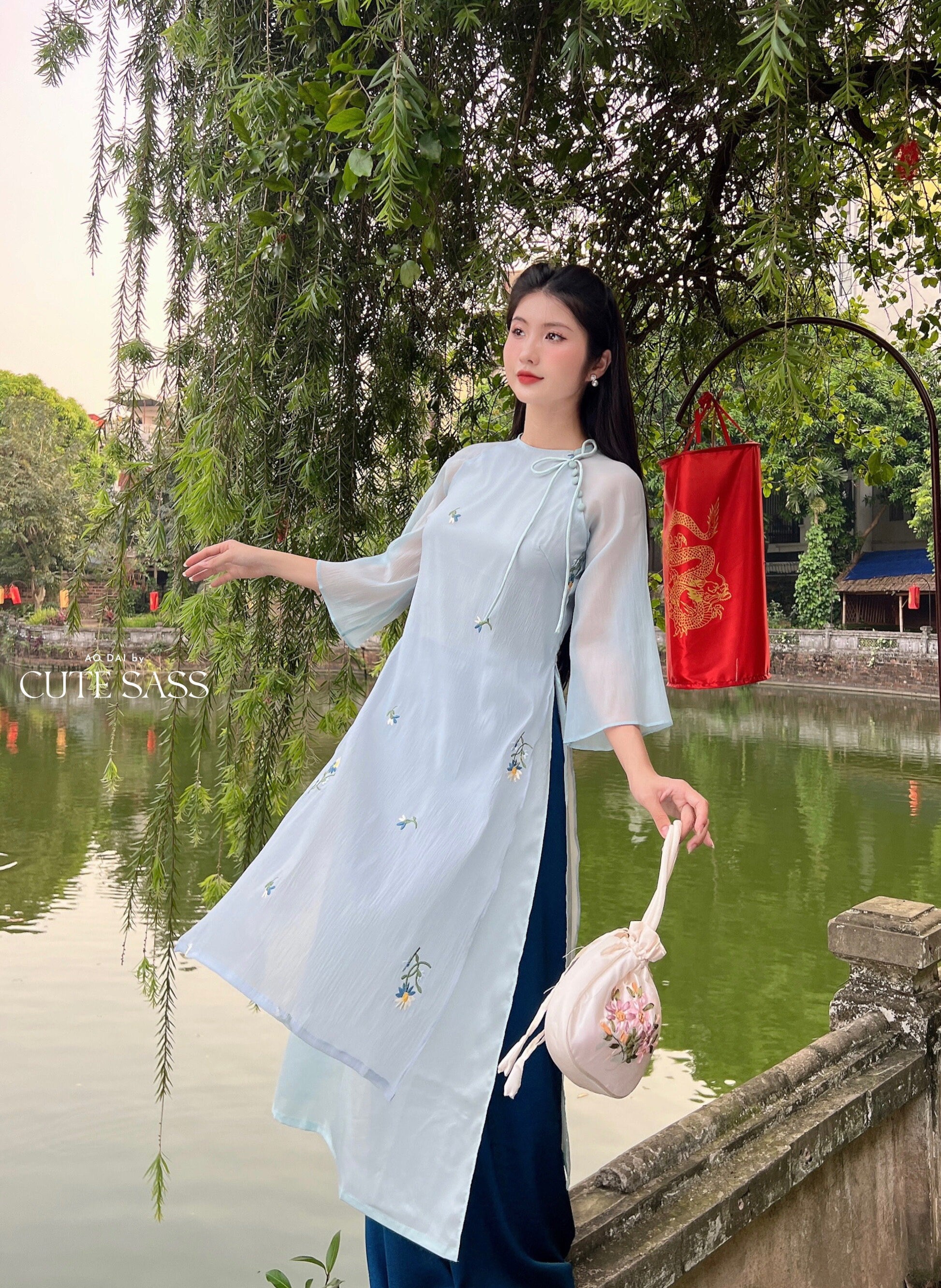 Shifted Blue Bow Ao Dai Set |Pre-made Modernized Vietnamese Ao Dai| Women Ao Dai with Pants | Lunar New Year| Ao Dai Cach Tan|6E