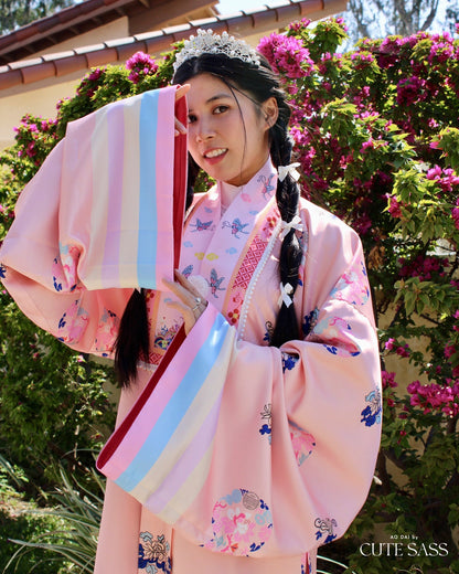Áo Nhật Bình Peach Pastel Butterfly Pearl - Nhat Binh Outer Top | Ao Dai Truyen Thong | Pre-made Vietnamese Viet Phuc | 29A
