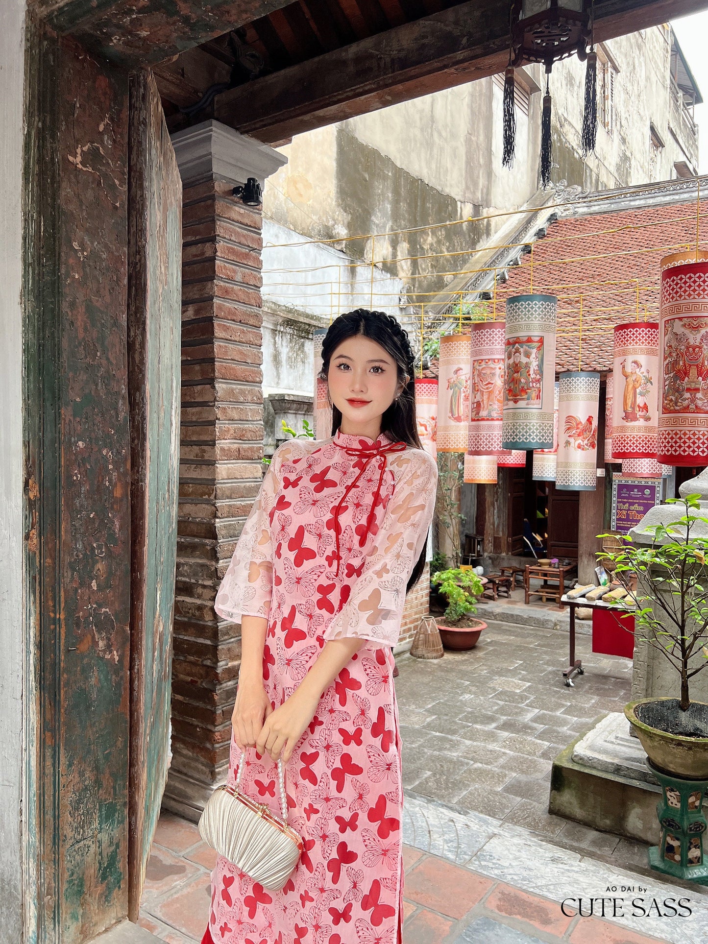 Red Butterfly Heart Ao Dai Set |Pre-made Modernized Vietnamese Ao Dai| Ao Dai with Pants | Lunar New Year| Ao Dai Truyen Thong|31C