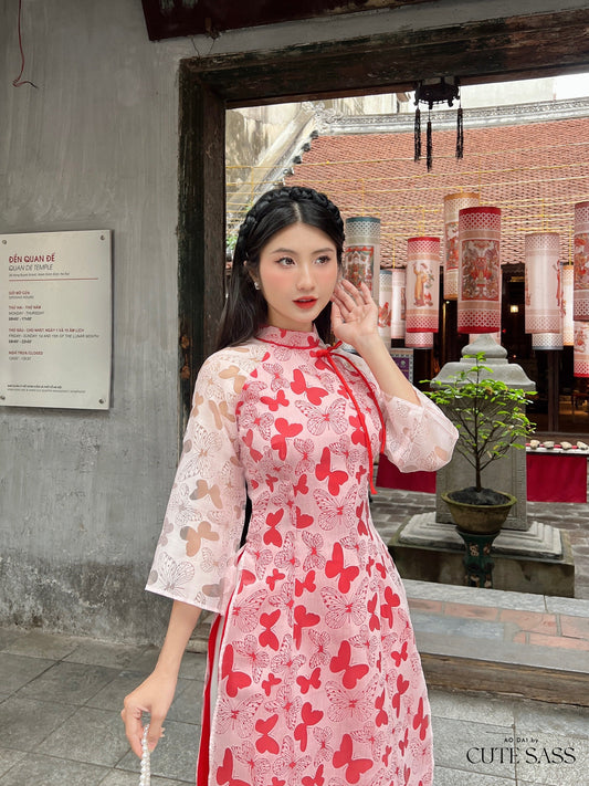 Red Butterfly Heart Ao Dai Set |Pre-made Modernized Vietnamese Ao Dai| Ao Dai with Pants | Lunar New Year| Ao Dai Truyen Thong|31C