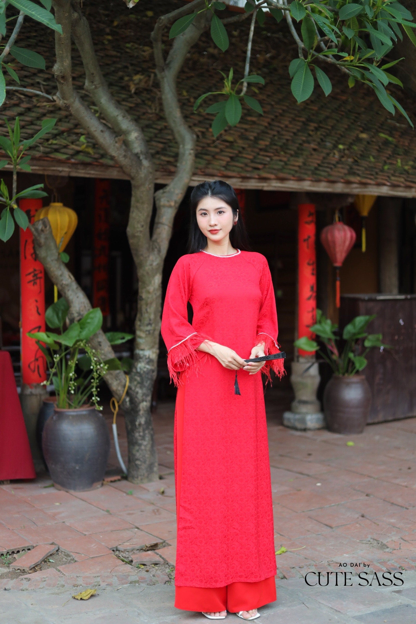 Red Gam Feather Ao Dai Set Wide Sleeves | Pre-made Vietnamese Ao Dai| Women Ao Dai | Lunar New Year| Ao Dai Truyen Thong|7E