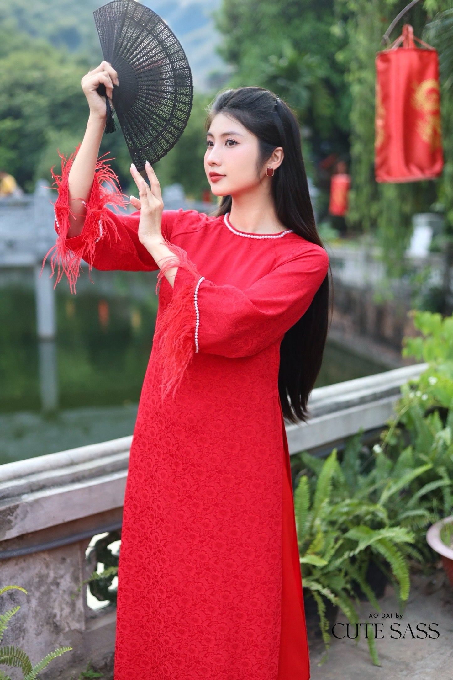 Red Gam Feather Ao Dai Set Wide Sleeves | Pre-made Vietnamese Ao Dai| Women Ao Dai | Lunar New Year| Ao Dai Truyen Thong|7E