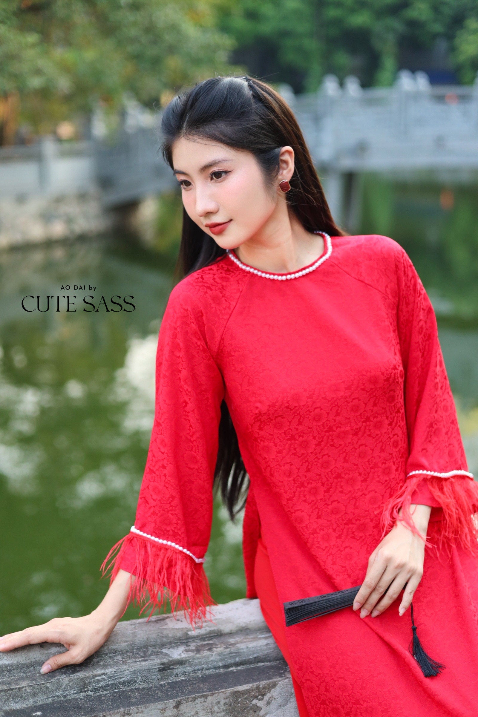 Red Gam Feather Ao Dai Set Wide Sleeves | Pre-made Vietnamese Ao Dai| Women Ao Dai | Lunar New Year| Ao Dai Truyen Thong|7E