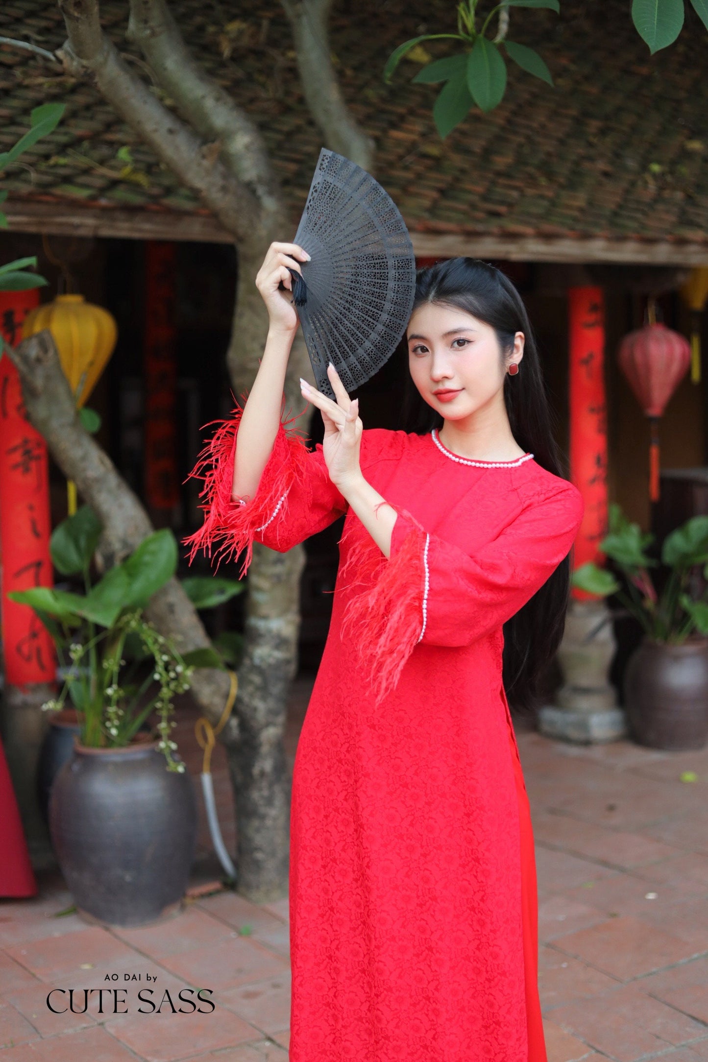 Red Gam Feather Ao Dai Set Wide Sleeves | Pre-made Vietnamese Ao Dai| Women Ao Dai | Lunar New Year| Ao Dai Truyen Thong|7E