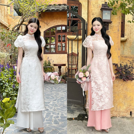 Puffy Sleeves Leaf/Butterfly Ao Dai Set (2 Colors) |Pre-made Modernized Vietnamese Ao Dai| Ao Dai with Pants | Lunar New Year|21C