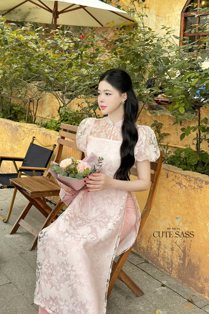 Puffy Sleeves Leaf/Butterfly Ao Dai Set (2 Colors) |Pre-made Modernized Vietnamese Ao Dai| Ao Dai with Pants | Lunar New Year|21C