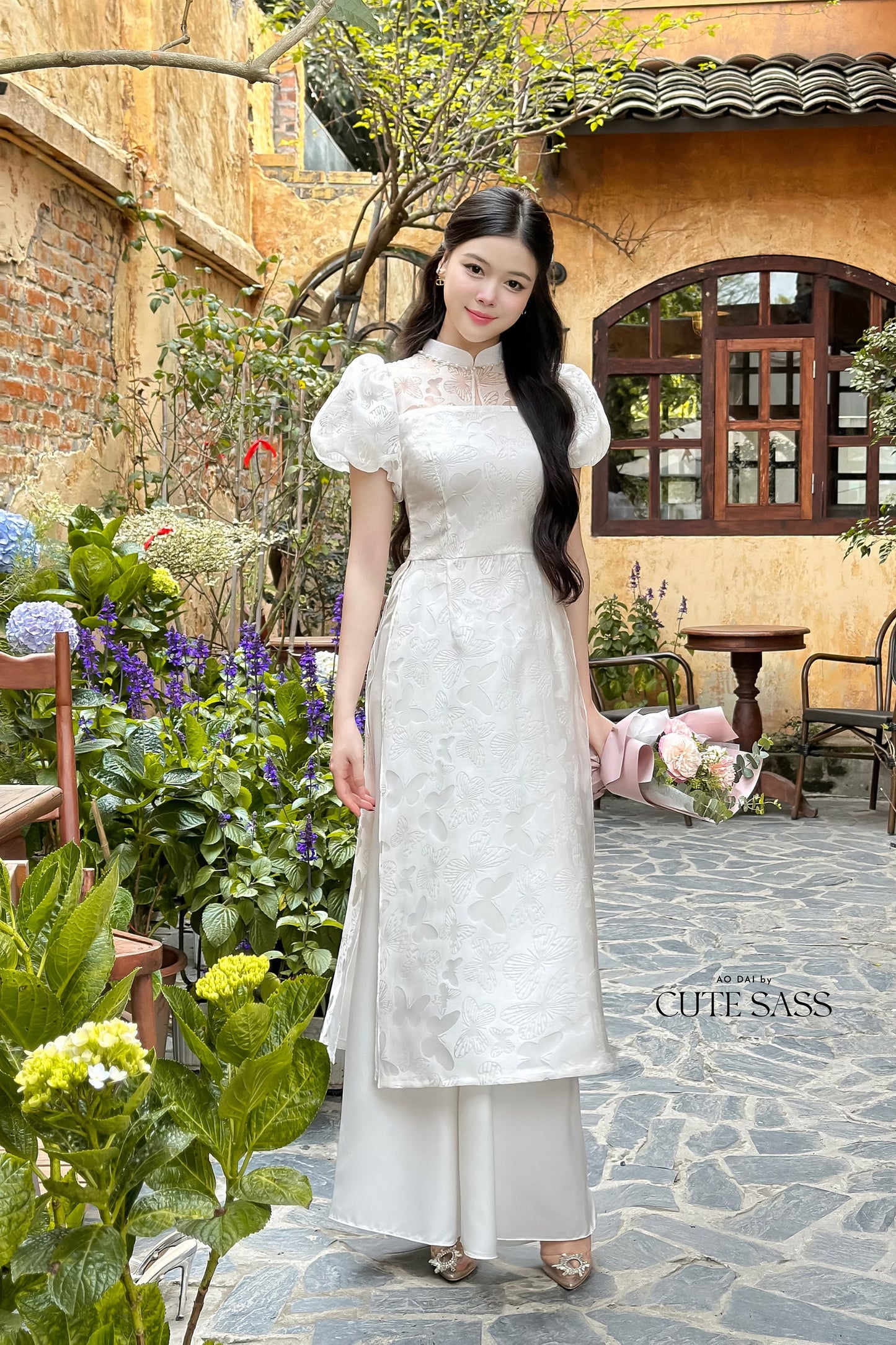 Puffy Sleeves Leaf/Butterfly Ao Dai Set (2 Colors) |Pre-made Modernized Vietnamese Ao Dai| Ao Dai with Pants | Lunar New Year|21C