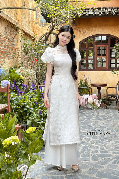 Puffy Sleeves Leaf/Butterfly Ao Dai Set (2 Colors) |Pre-made Modernized Vietnamese Ao Dai| Ao Dai with Pants | Lunar New Year|21C