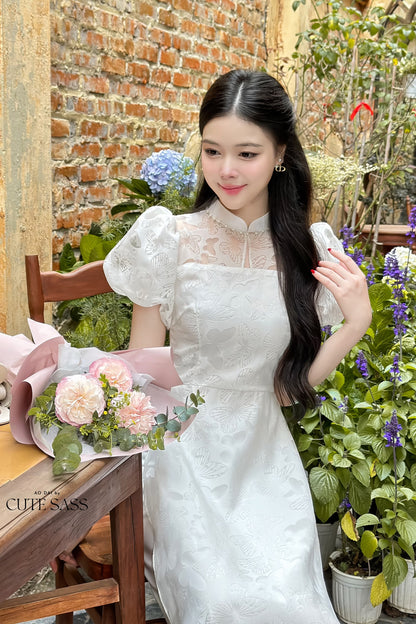 Puffy Sleeves Leaf/Butterfly Ao Dai Set (2 Colors) |Pre-made Modernized Vietnamese Ao Dai| Ao Dai with Pants | Lunar New Year|21C