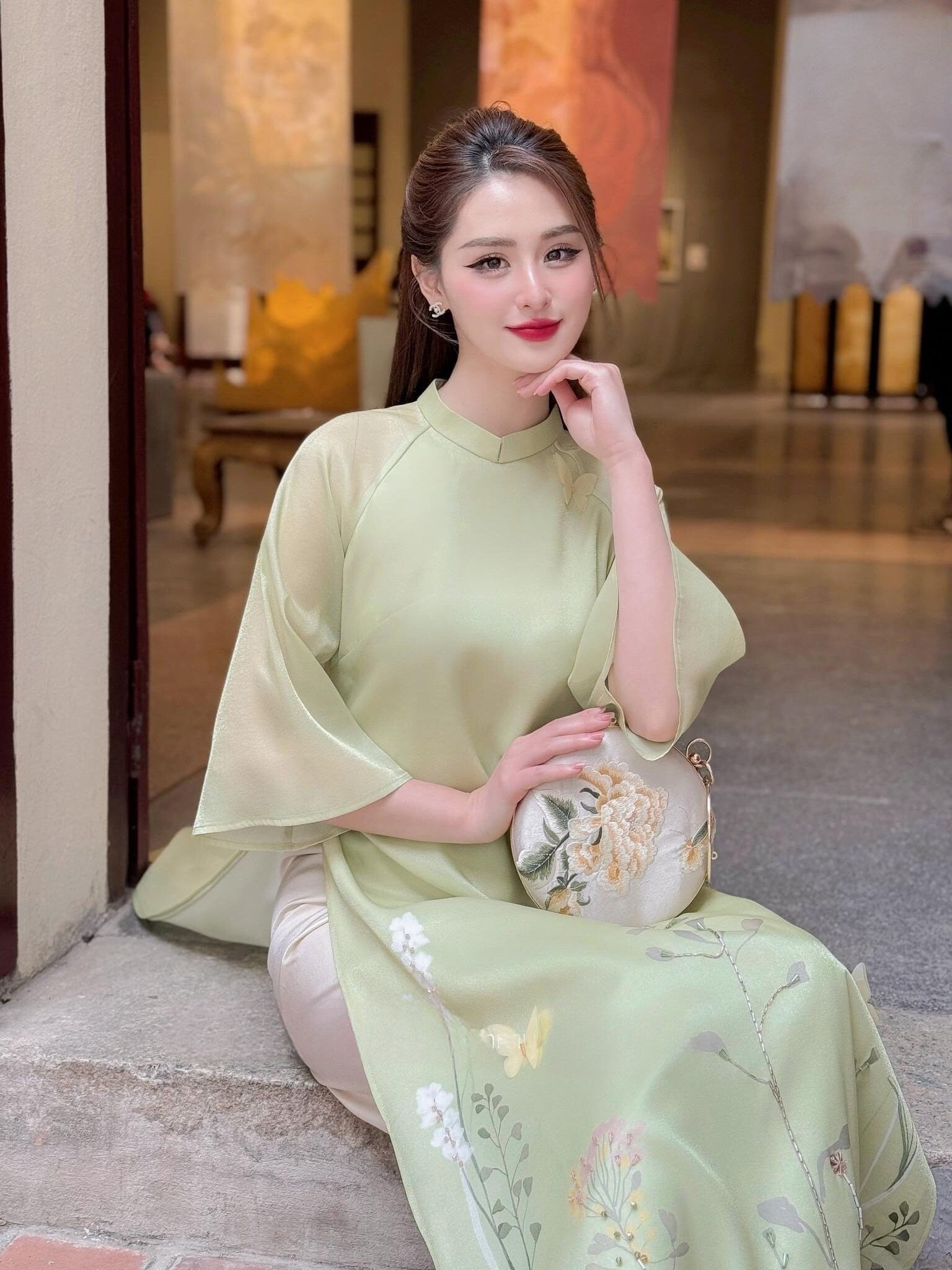 Pastel Green Embroidery Butterfly Ao Dai Set |Pre-made Modernized Vietnamese Ao Dai | Women Ao Dai with Pants | Lunar New Year|7B