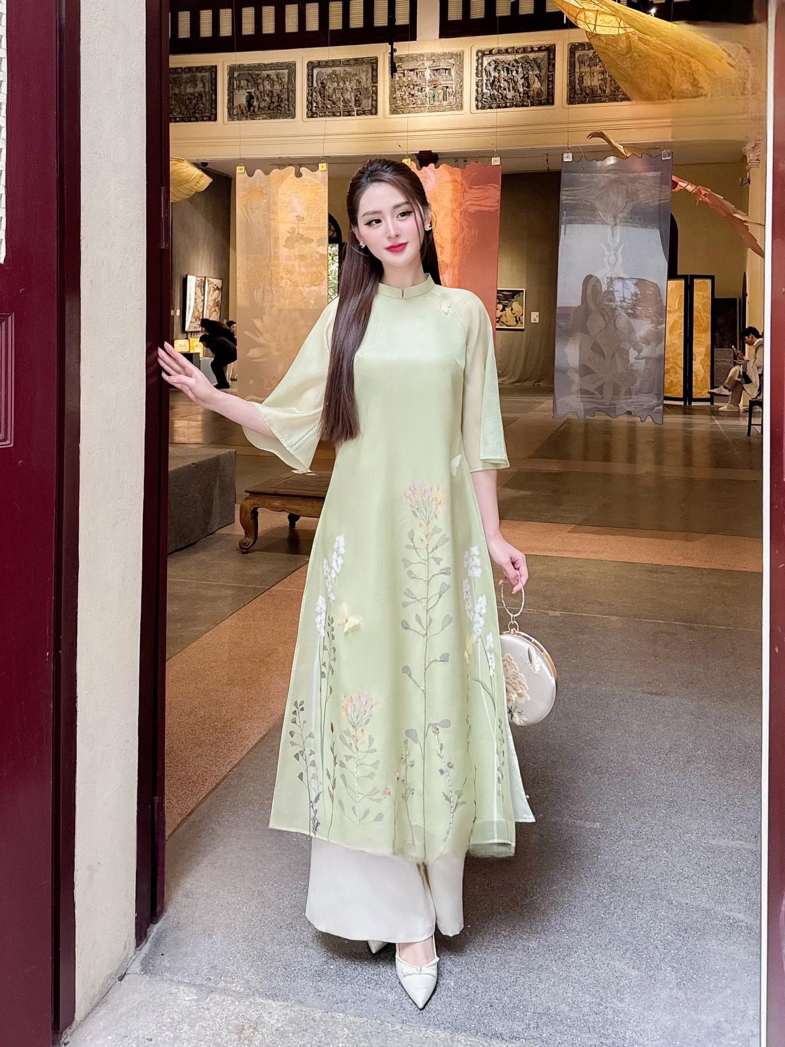 Pastel Green Embroidery Butterfly Ao Dai Set |Pre-made Modernized Vietnamese Ao Dai | Women Ao Dai with Pants | Lunar New Year|7B