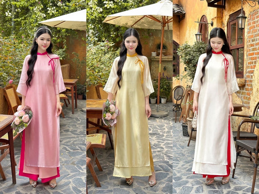 Sheer Shifted Chiffon Bow Ao Dai Set (3 Colors) |Pre-made Modernized Vietnamese Ao Dai| Ao Dai with Pants | Lunar New Year|33B,34-36C
