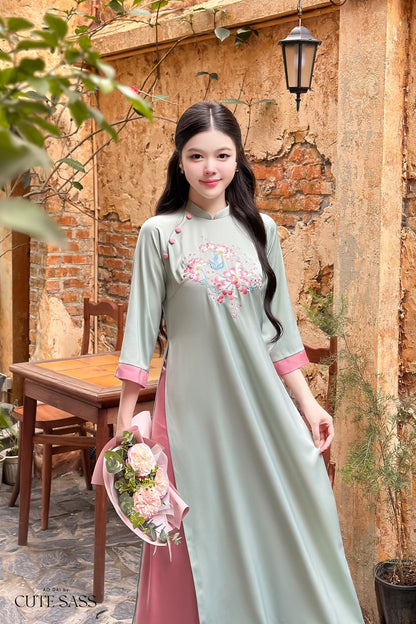 Shifted Button Silk Embroidered Ao Dai Set (3 Colors) |Pre-made Modernized Vietnamese Ao Dai| Ao Dai with Pants | Lunar New Year|19-20D,22C