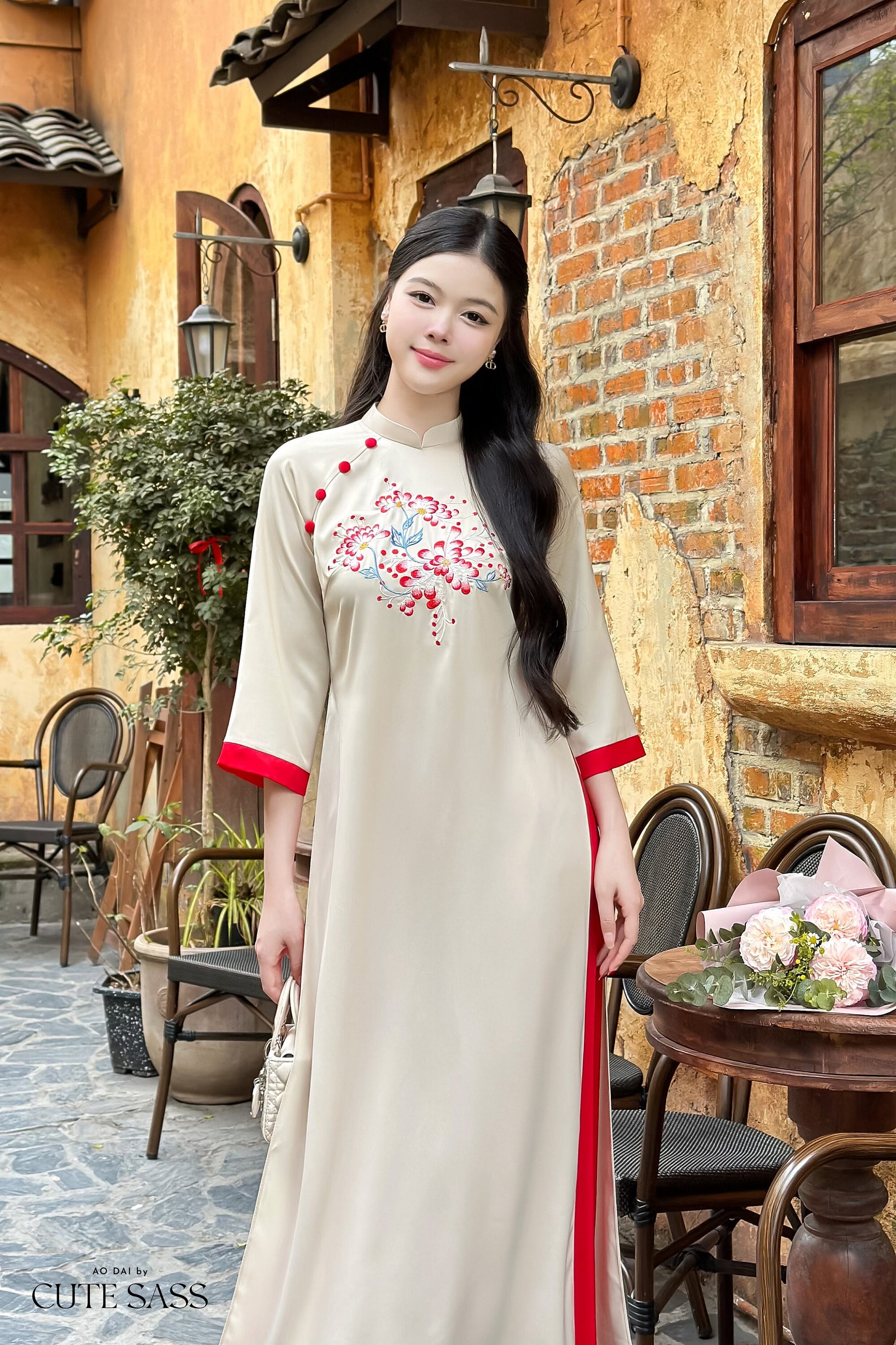 Shifted Button Silk Embroidered Ao Dai Set (3 Colors) |Pre-made Modernized Vietnamese Ao Dai| Ao Dai with Pants | Lunar New Year|19-20D,22C