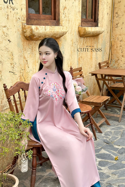 Shifted Button Silk Embroidered Ao Dai Set (3 Colors) |Pre-made Modernized Vietnamese Ao Dai| Ao Dai with Pants | Lunar New Year|19-20D,22C