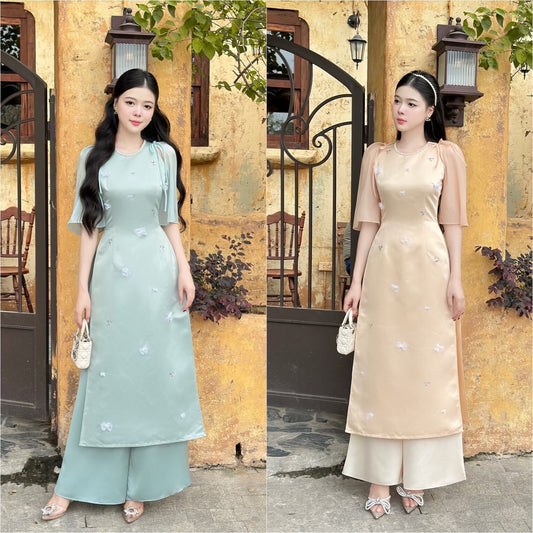 Sparkle Bow Details Ao Dai Set (2 Colors) |Pre-made Modernized Vietnamese Ao Dai| Ao Dai with Pants | Lunar New Year|18B