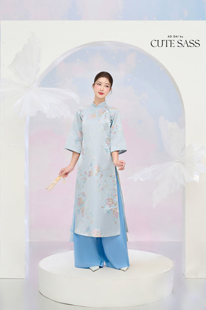 Pastel Blue and Gold Butterfly Garden Shifted Ao Dai Set