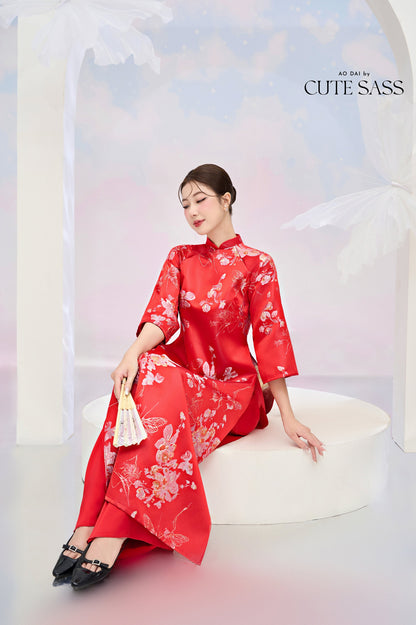 Red and Gold Butterfly Garden Shifted Ao Dai Set |Pre-made Modernized Vietnamese Ao Dai| Lunar New Year| Ao Dai Truyen Thong| 1-2D