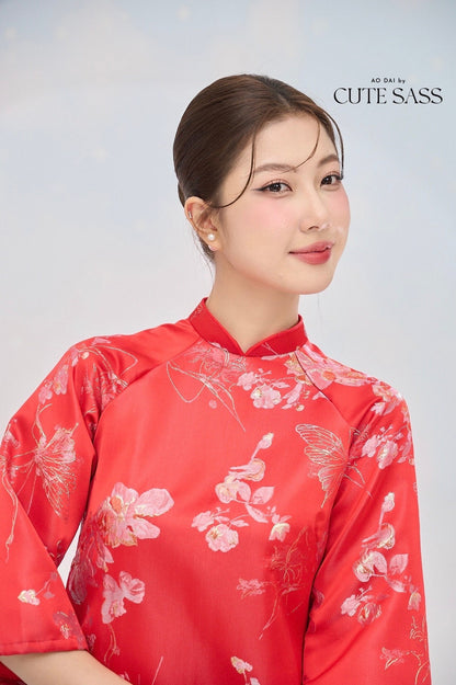 Red and Gold Butterfly Garden Shifted Ao Dai Set |Pre-made Modernized Vietnamese Ao Dai| Lunar New Year| Ao Dai Truyen Thong| 1-2D
