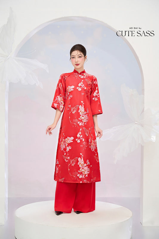 Red and Gold Butterfly Garden Shifted Ao Dai Set |Pre-made Modernized Vietnamese Ao Dai| Lunar New Year| Ao Dai Truyen Thong| 1-2D