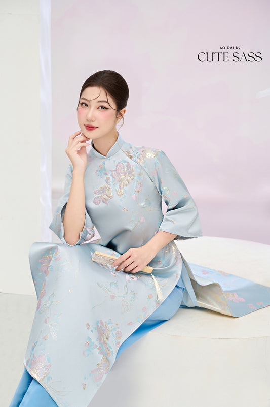 Pastel Blue and Gold Butterfly Garden Shifted Ao Dai Set