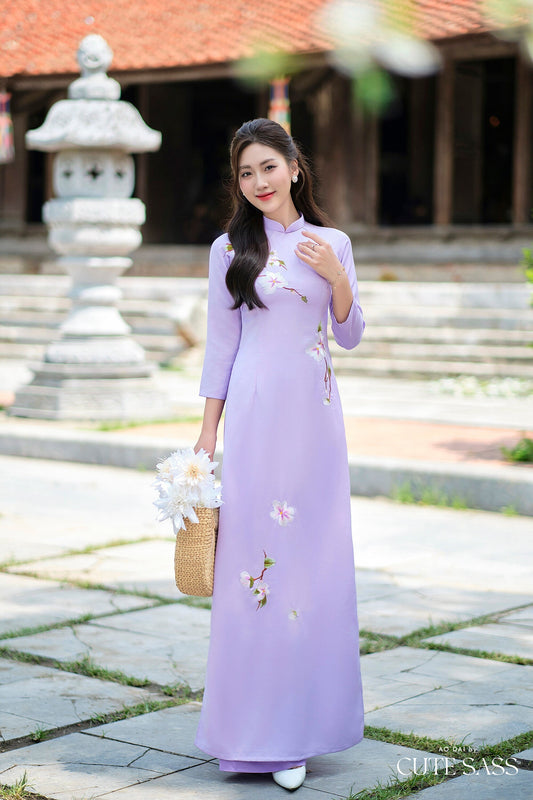 Purple Wisperia Silk Embroidery Ao Dai Set | Pre-made Traditional Vietnamese Ao Dai| Women Ao Dai with Pants| Ao Dai Truyen Thong|