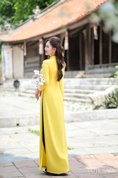 Yellow Ribbon 3D Flowers Chiffon Ao Dai Set| Pre-made Traditional Vietnamese Ao Dai with Pants|Lunar New Year Ao Dai| Ao Dai Truyen Thong|FL