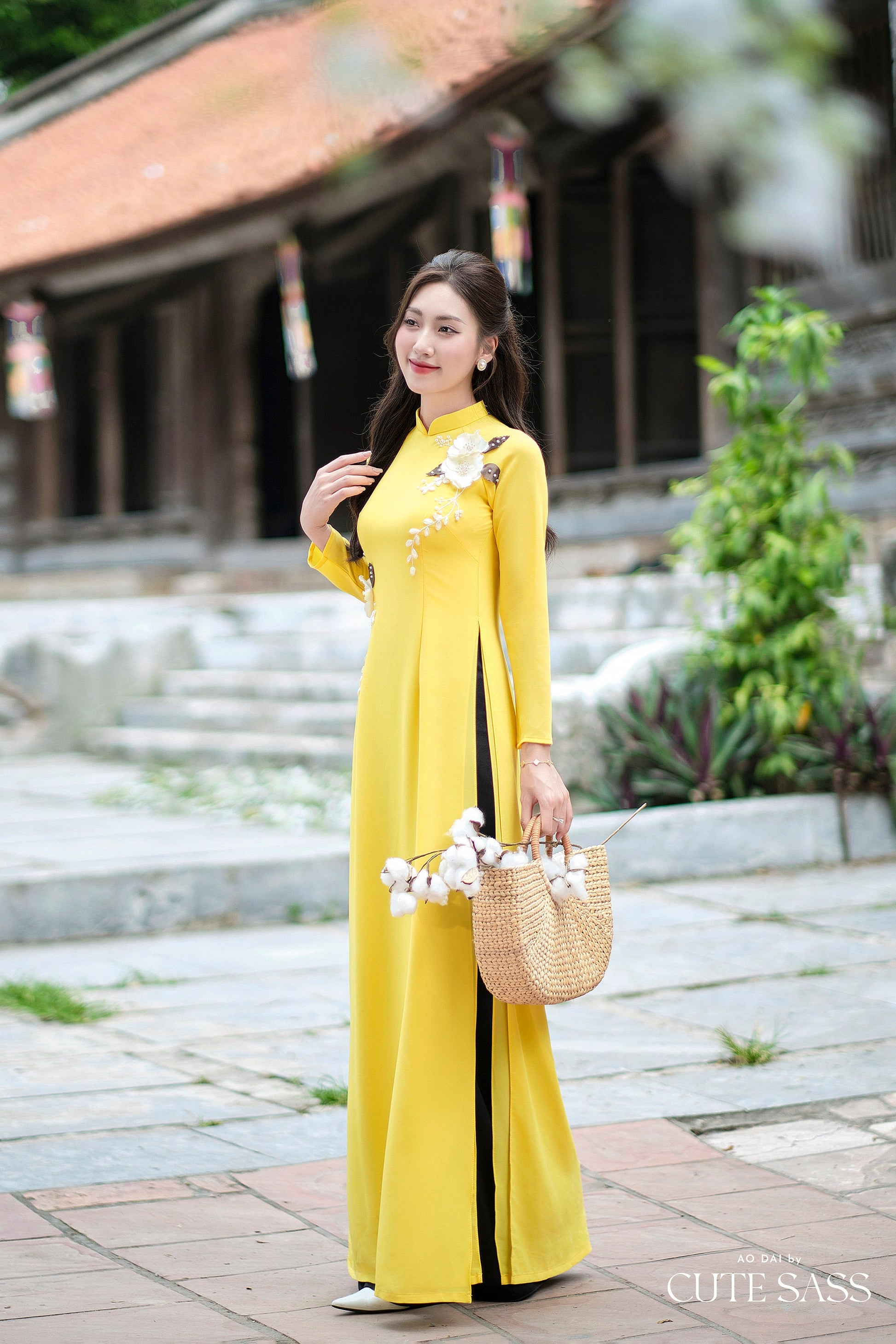 Yellow Ribbon 3D Flowers Chiffon Ao Dai Set| Pre-made Traditional Vietnamese Ao Dai with Pants|Lunar New Year Ao Dai| Ao Dai Truyen Thong|FL