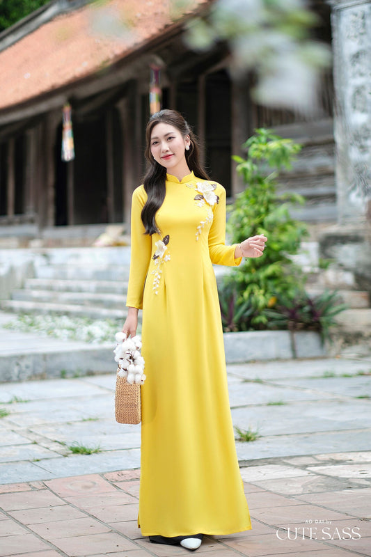 Yellow Ribbon 3D Flowers Chiffon Ao Dai Set| Pre-made Traditional Vietnamese Ao Dai with Pants|Lunar New Year Ao Dai| Ao Dai Truyen Thong|FL