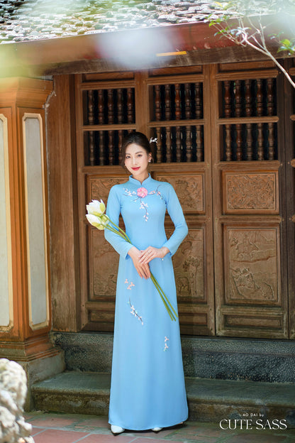 Blue Ribbon 3D Flowers Chiffon Ao Dai Set| Pre-made Traditional Vietnamese Ao Dai with Pants|Lunar New Year Ao Dai| Ao Dai Truyen Thong| FL