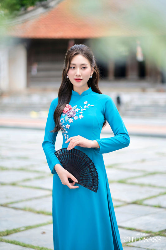 Cobalt Ribbon 3D Flowers Chiffon Ao Dai Set| Pre-made Traditional Vietnamese Ao Dai with Pants|Lunar New Year Ao Dai| Ao Dai Truyen Thong|FL