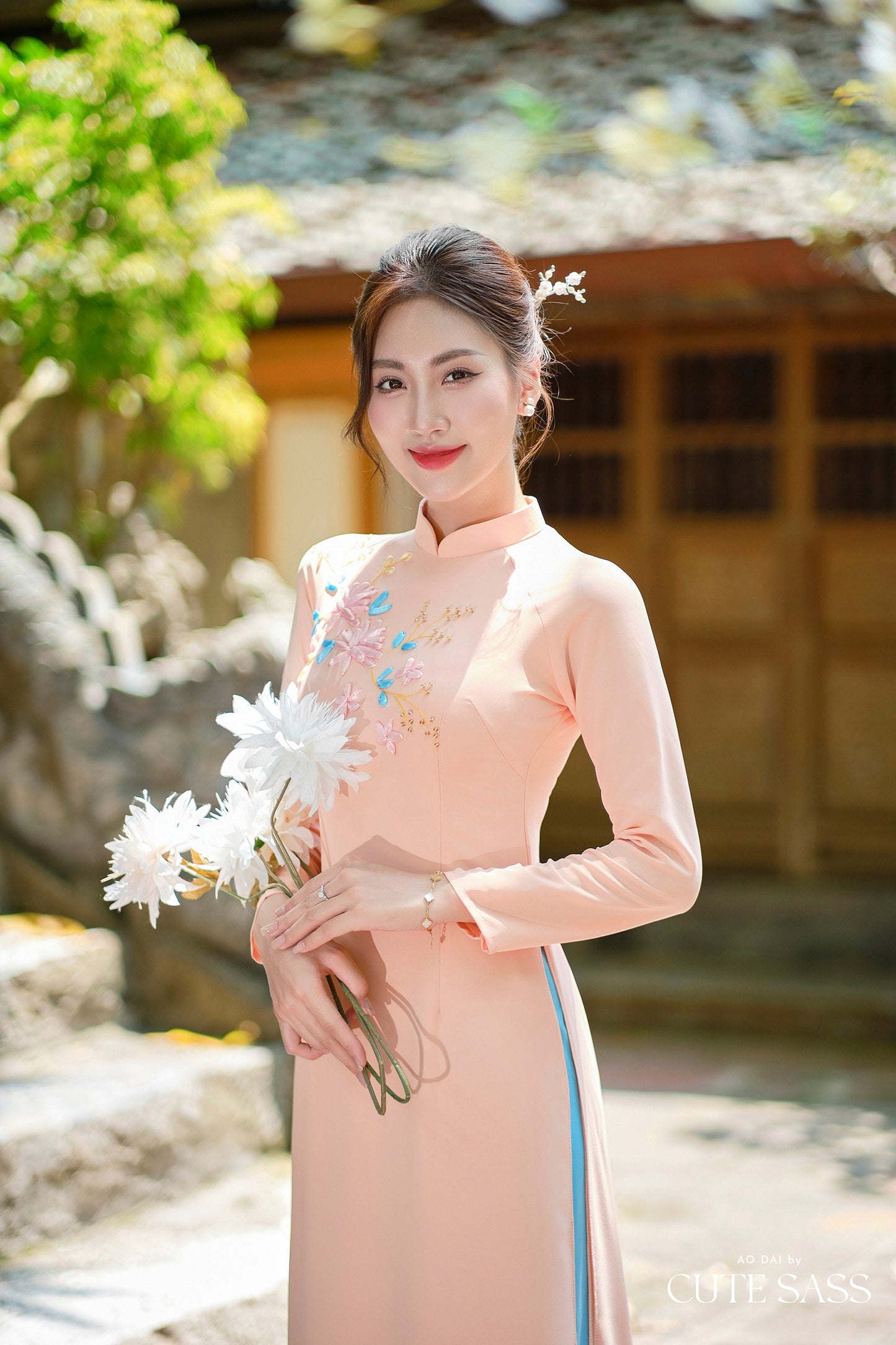Peach A Blue Leaf Ribbon 3D Chiffon Ao Dai Set|Pre-made Traditional Vietnamese Ao Dai with Pants|Lunar New Year| FL