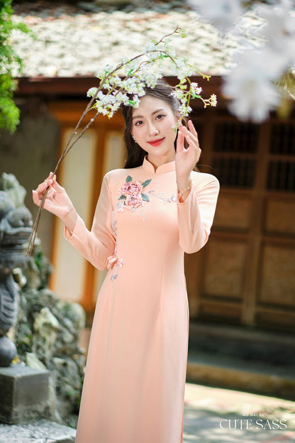 Peach B Green Leaf Rose Ribbon 3D Chiffon Ao Dai Set|Pre-made Traditional Vietnamese Ao Dai with Pants|Lunar New Year| FL