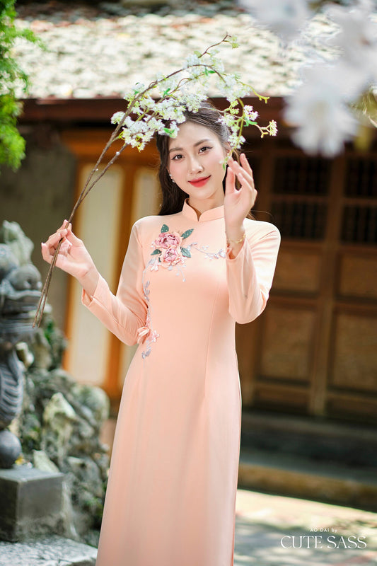 Peach B Green Leaf Rose Ribbon 3D Chiffon Ao Dai Set|Pre-made Traditional Vietnamese Ao Dai with Pants|Lunar New Year| FL