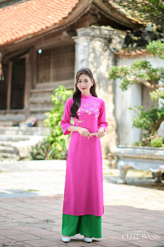 Hot Pink Mai Embroidery Gấm Ao Dai Set w/ Emerald Green Gấm Pants | Pre-made Traditional Vietnamese Ao Dai| Gam Ao Dai with Pants|10C