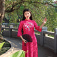 Hot Pink Sparrow Pearls Leaf Gấm Ao Dai Set w/ Light Pink Gấm Pants | Pre-made Traditional Vietnamese Ao Dai| Gam Ao Dai with Pants|10C