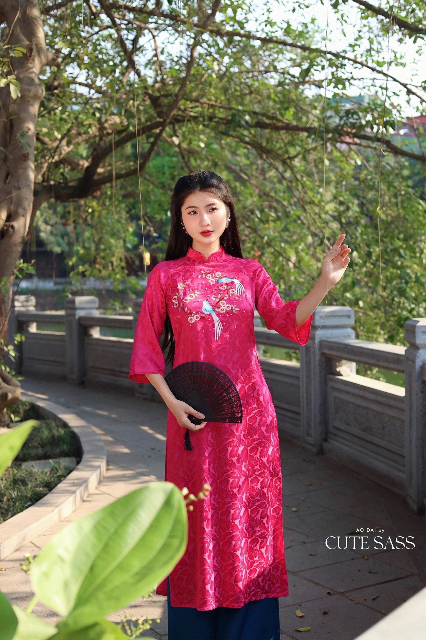 Hot Pink Sparrow Pearls Leaf Gấm Ao Dai Set w/ Light Pink Gấm Pants | Pre-made Traditional Vietnamese Ao Dai| Gam Ao Dai with Pants|10C